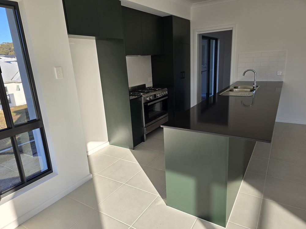 Deep green island kitchen with black stone benchtops